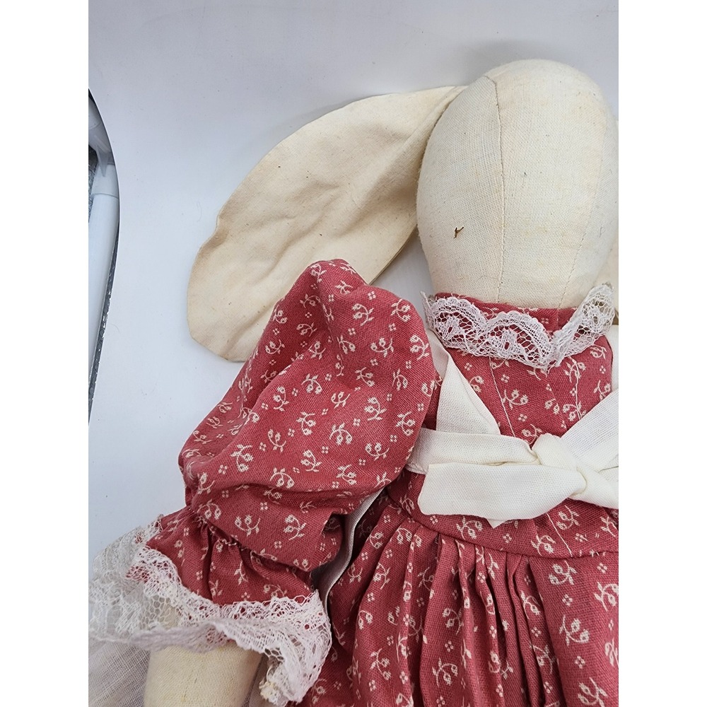 Vintage Handmade Primitive Rag Doll Bunny Rabbit Red Floral Dress Lace Trim 20in - Picture 8 of 9